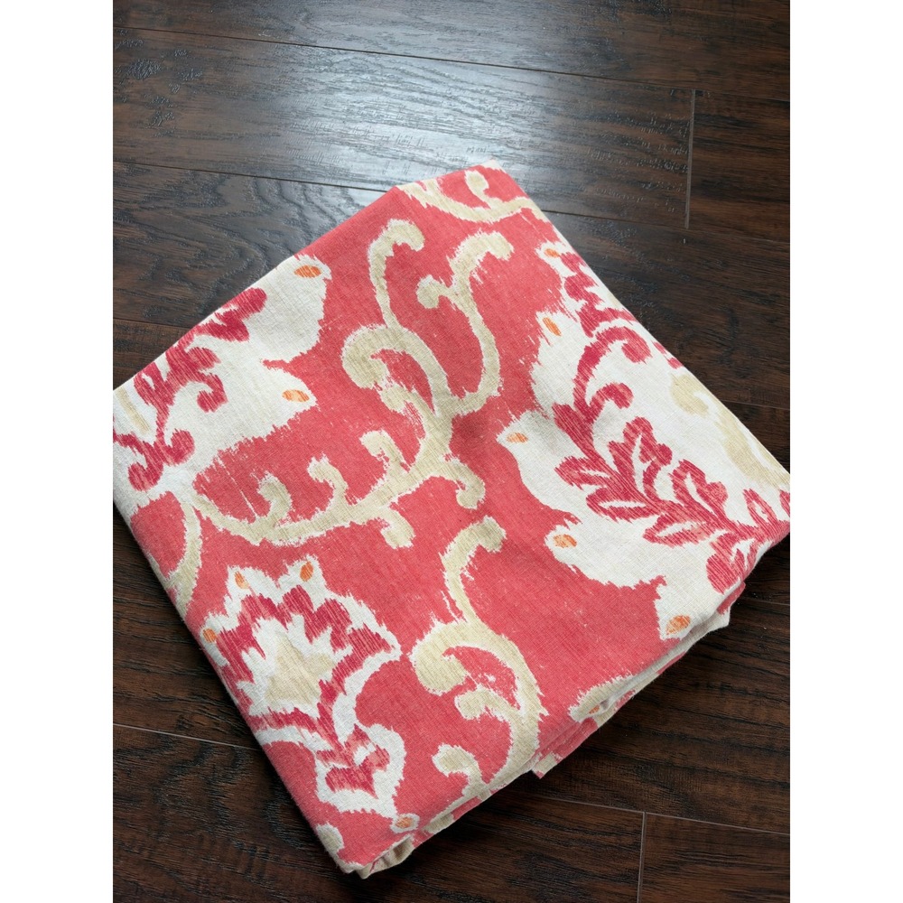 Pottery Barn Tablecloth 70x108 Coral Cream Ikat Damask Cotton Linen Rectangular